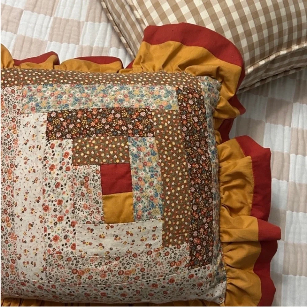 Gingham Beige + White Quilt Throw Size New Prewashed Hand Crafted Medium Check